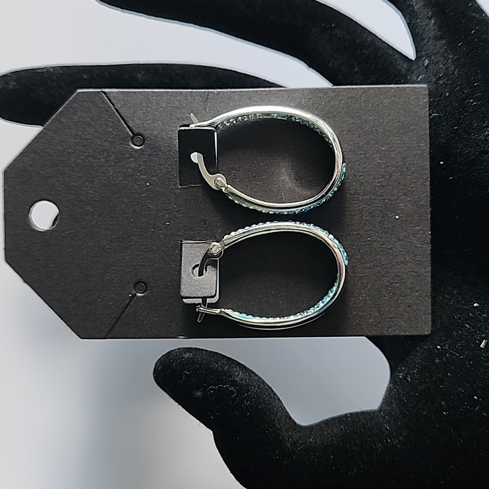 SILVER AND BLUE CRYSTAL HOOP EARRINGS